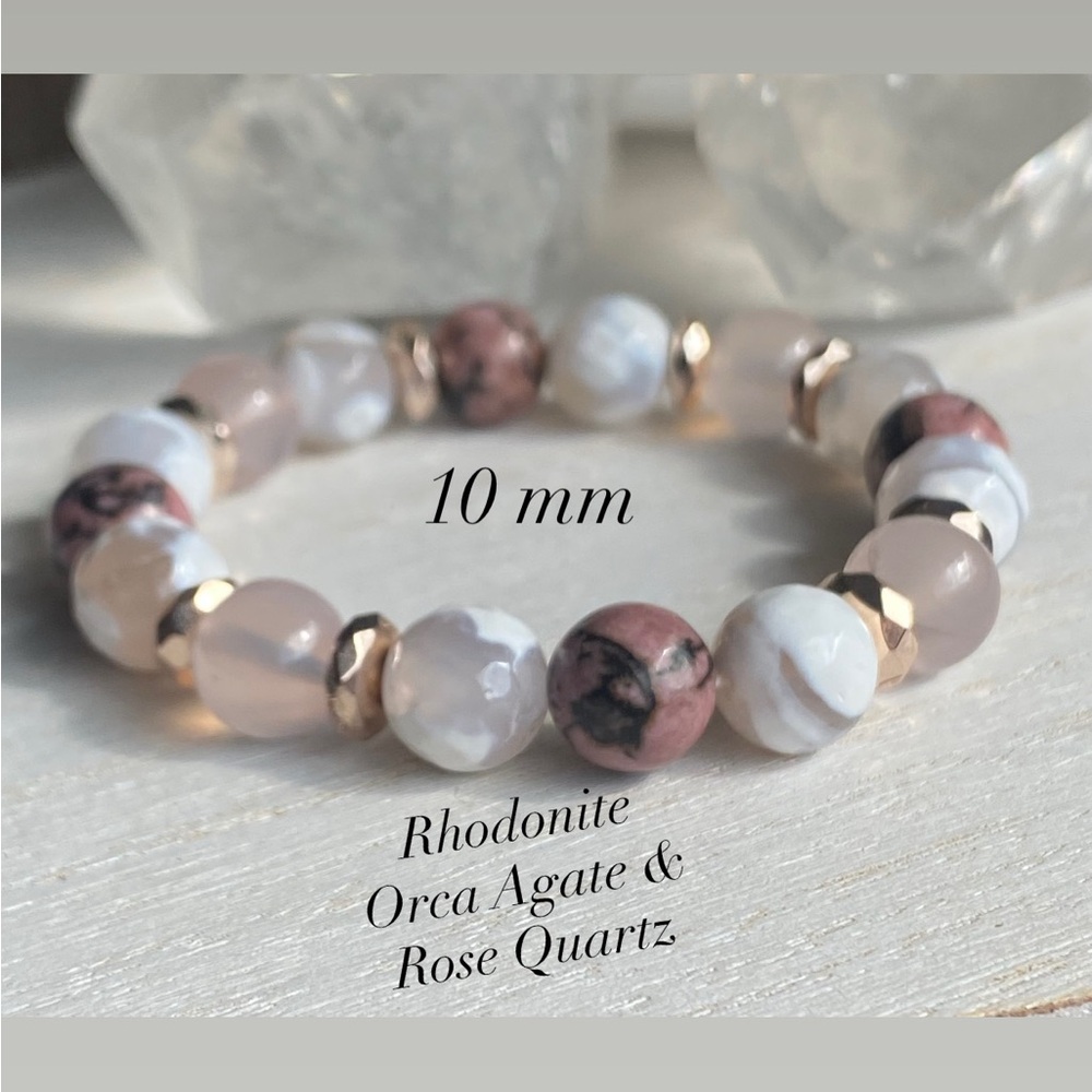 10 mm Rhodonite, Rose Quartz & Agate Gemstone Stretch Bracelet